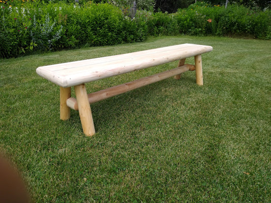 Handmade Solid Wooden Bench with a rustic log design, perfect for outdoor seating and garden spaces.