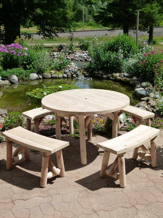 Rustic 4' Round Cedar Outdoor Dining Table with 4 Curved Benches – Handcrafted Log Furniture -